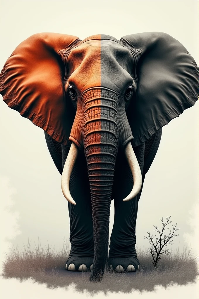 Draw an elephant half in color and half in black and white