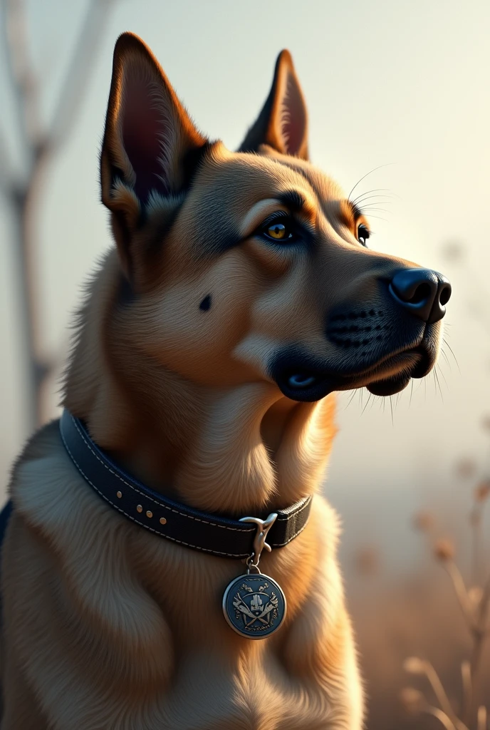Large dog looking right with collar with logo saying manos