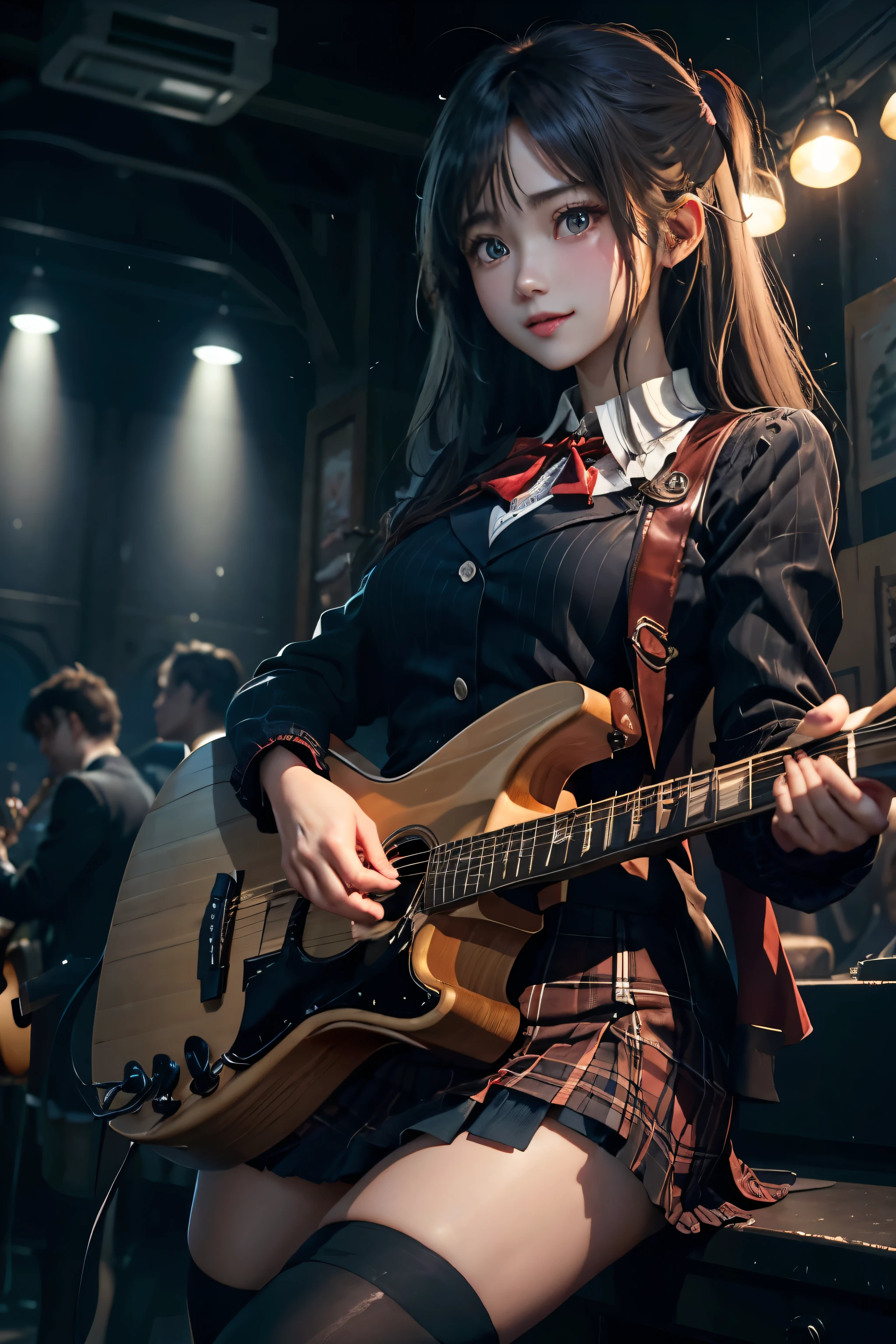 High school girl blazer、uniform、Red checked knee-length skirt、Long skirt、JK Style、Jacket、smile、Knee-high socks、Thigh-high socks、pantyhose、Extremely beautiful、Super cute、ennui、Rare Beauty、Dark black eyeshadow、sad、Skin radiance、Long Hair Straight Hair、Dark Gothic Makeup、Dark Smile、Fragrant beauty、Stained glass background、masterpiece、Highest quality、See 5 books、Sweat glistening on my chest、Sweat glistening on the face、Small breasts、2、Slightly slim、Mysterious look、Sad look、Mysterious Gothic Church、enchanting castle、Excessive sweating all over the body、Sweat dripping down thighs, shining in the light、Shiny thighs、Thighs、Sweat on thighs, shining brightly、sweat profusely、gal、Small breasts、Japanese face、Captivating look、Thin Thighs、play the guitar、I have a guitar、Enthusiastic singing、play the guitar in a band、Playing guitar chords、Background of the live music venue、Sing a song、Open your mouth、Scenery of a live music venue、Mike stand、Glamorous live stage、Dynamic Angles、Vivid straight long hair、delicate straight hair、
