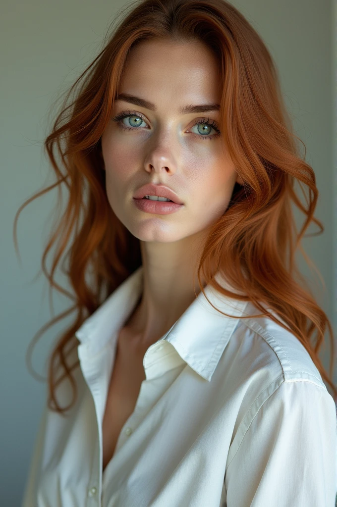 tall woman, russet hair, blue colored eyes, face with delicate features, wearing a white shirt , tired looking eyes