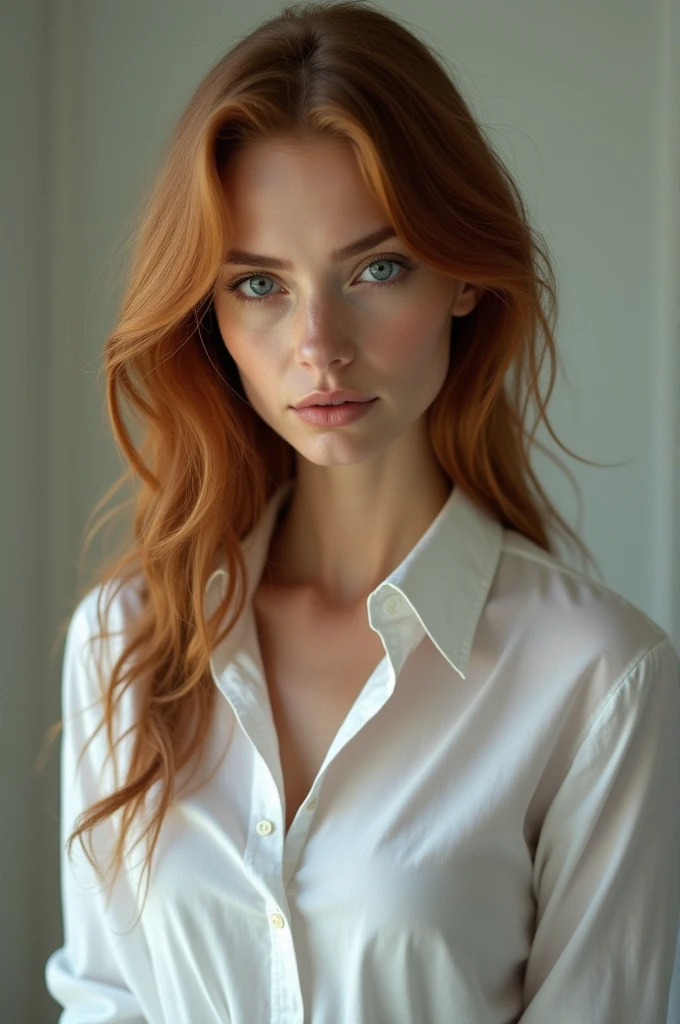 tall woman, russet hair, blue colored eyes, face with delicate features, wearing a white shirt , tired looking eyes