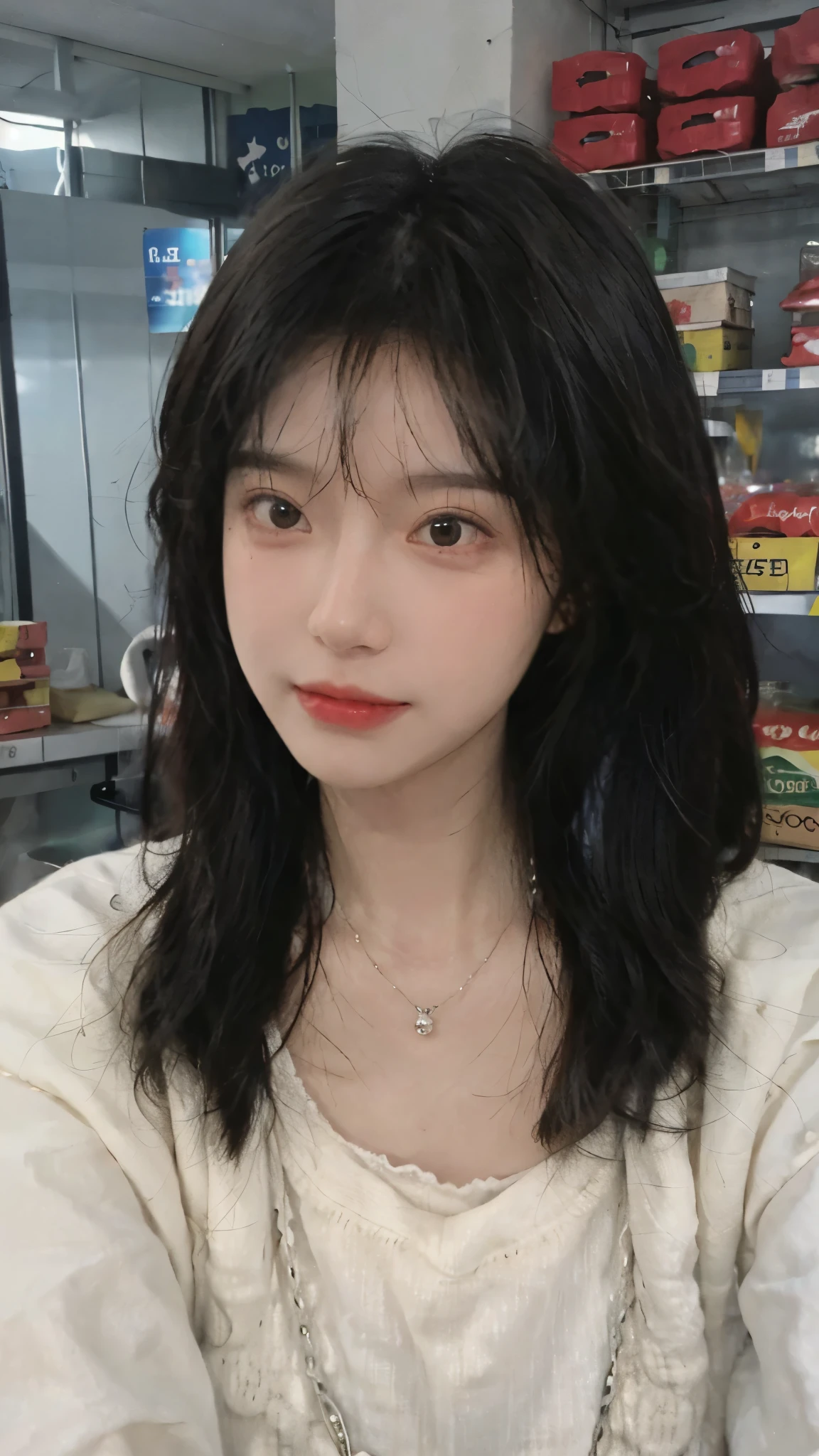 Best quality,Ultra-high resolution,(Realism:1.4),Cute hairpins,girll,Cropped black sweater,Look directly at the audience,Full of atmosphere,Beautiful woman with a slim figure:1.4,supermarket,whole body,Super delicate face,Exquisite eyes,Double eyelids,necklace