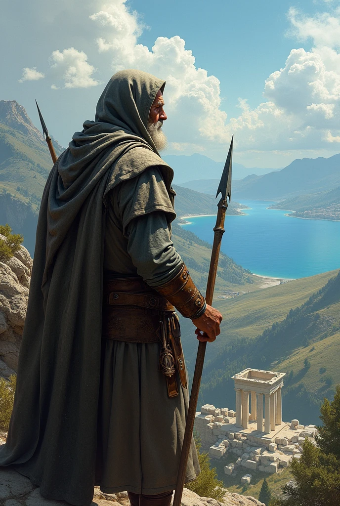 Medieval man wearing old hood holding a broken spear , admiring the greek skyline , viewed from the top.