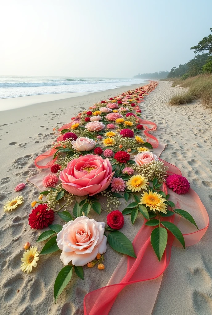 Land art on the beach with the theme of flowers and fabrics