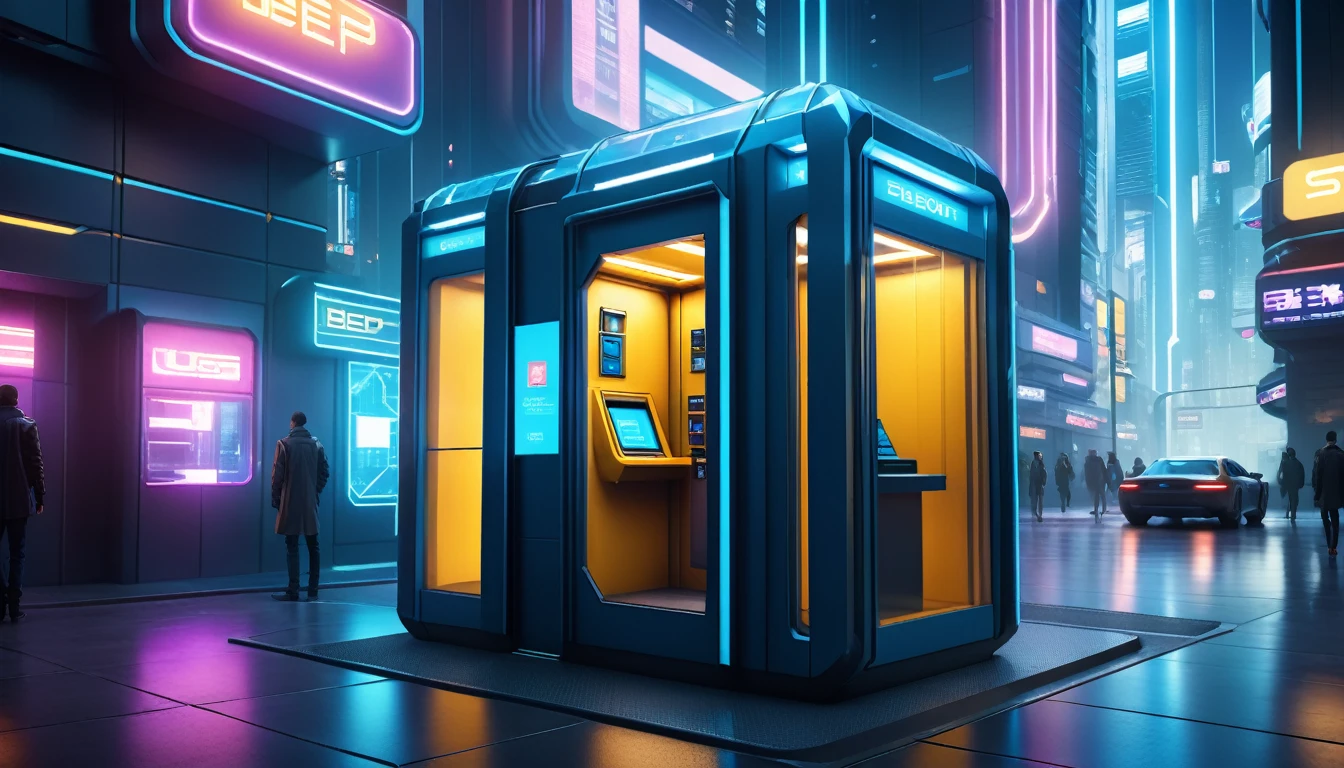 There is a phone booth in a futuristic city, written on the booth: TEDOMA, positioned on the right corner of the image, contrasting colours, rendered in keyshot, futuristic cabins, cabine no estilo TRON LEGACY, lights in blue and golden colors, cabin made of glass, transparent cabins, cyberpunk, Time Machine, represented as a 3D rendering, 3D rendering beep, promotional rendering, sci-fi magic highly detailed.
