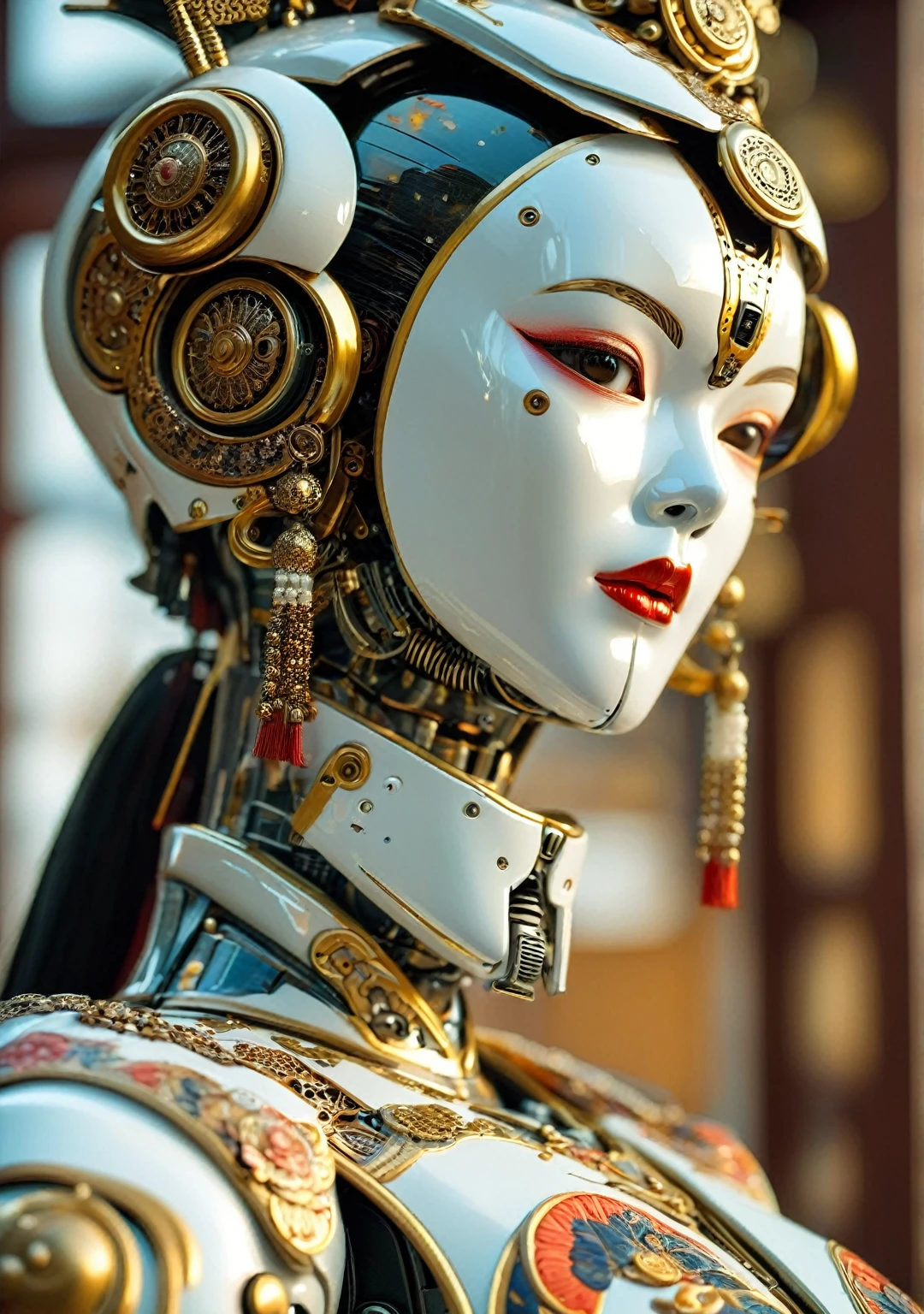 (geisha::0.9) (Android robot face::2.2),White ceramic material,Cute girl with many mechanical details,stitch, Raw, rust,(Camera lenses instead of eyes:1.5) (Traditional intricate Japanese clothing:1.5) (Styled by Yuri Shvedov),Shallow depth of field, Vignette, (Fujicolor Super Rear X-TRA 400)