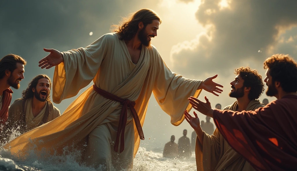Create a powerful and emotional image of Jesus saving people. Depict Jesus in a moment of dramatic action, reaching out to rescue individuals from a perilous situation, such as a stormy sea or a dangerous chasm. He should have an expression of deep compassion and strength, dressed in traditional robes that convey both grace and authority. The people being saved should show a mix of relief and awe, with their faces reflecting gratitude and hope. Use dynamic lighting to highlight the contrast between the chaos and the calming presence of Jesus. The overall scene should evoke a sense of divine intervention and salvation