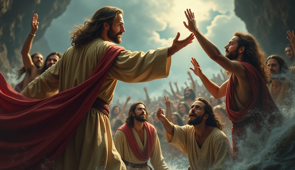 Create a powerful and emotional image of Jesus saving people. Depict Jesus in a moment of dramatic action, reaching out to rescue individuals from a perilous situation, such as a stormy sea or a dangerous chasm. He should have an expression of deep compassion and strength, dressed in traditional robes that convey both grace and authority. The people being saved should show a mix of relief and awe, with their faces reflecting gratitude and hope. Use dynamic lighting to highlight the contrast between the chaos and the calming presence of Jesus. The overall scene should evoke a sense of divine intervention and salvation
