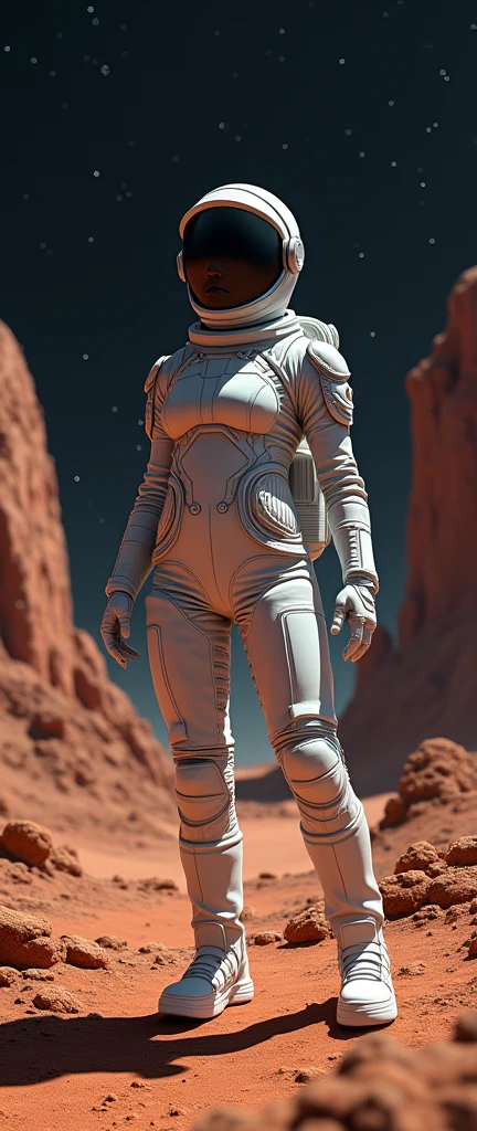 a woman in a futuristic spacesuit, Astronaut helmet, standing on martian rocks, Twinkling stars in the distant sky, (Best Quality, 4k, 8k, High resolution, masterpiece:1.2), ultra detailed, realist, photorealist, photo-realist:1.37, HdR, HD, studio lighting, Ultrafine paint, sharp focus, physically based rendering, extreme detailed description, professional, vivid colors, bokeh, Science fiction, Conceptual art