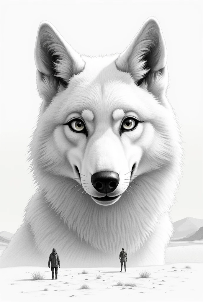 A beautiful cartoon wolf with wonderful eyes drawn in pencil in the desert, close-up, with two people behind him