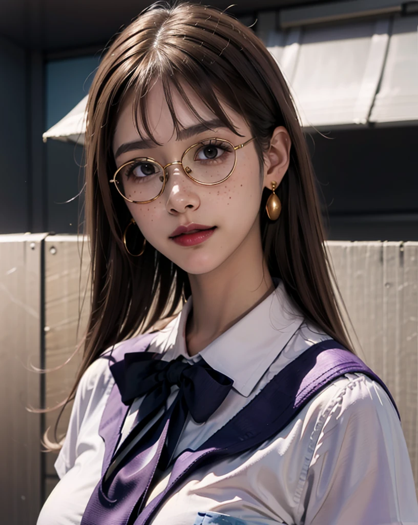 1 girl, 2, japanese, 4K, masterpiece, realistic, shiny skin, texturized skin, long whavy brown hair with bangs, purple eyes, purple eyeliners, shining red lips, freckles, very large breasts, golden necklase, golden earings, big round glasses, unbottoned white school uniform, boob tent, smile, closed mouth, blushing, bright colors, blurry background, close up, face focus.