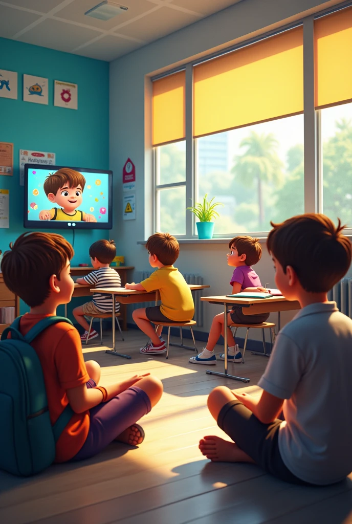 The students are sitting watching TV in class