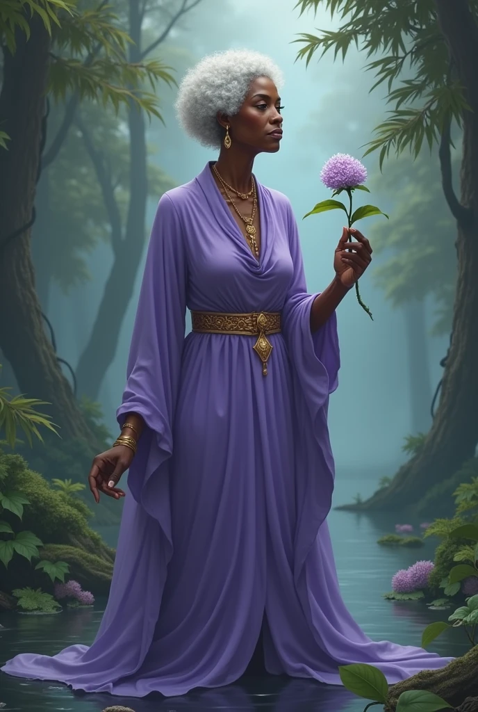 Black woman Orisha, old woman, short white curly hair, lilac dress, with a lilac flower in her hand in the middle of a swamp