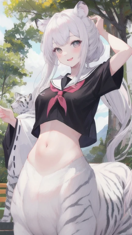 (best quality, masterpiece), 1 girl, centaur, I beg, White skin, Japanese girl,daught pink,Smiling, exposing the abdomen, belly button t-shirt , Beautiful girl perfect white tiger photo, Perfect wild tiger photo