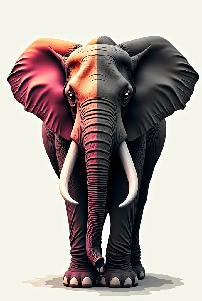 Draw an elephant, half with lots of color and half in black and white.