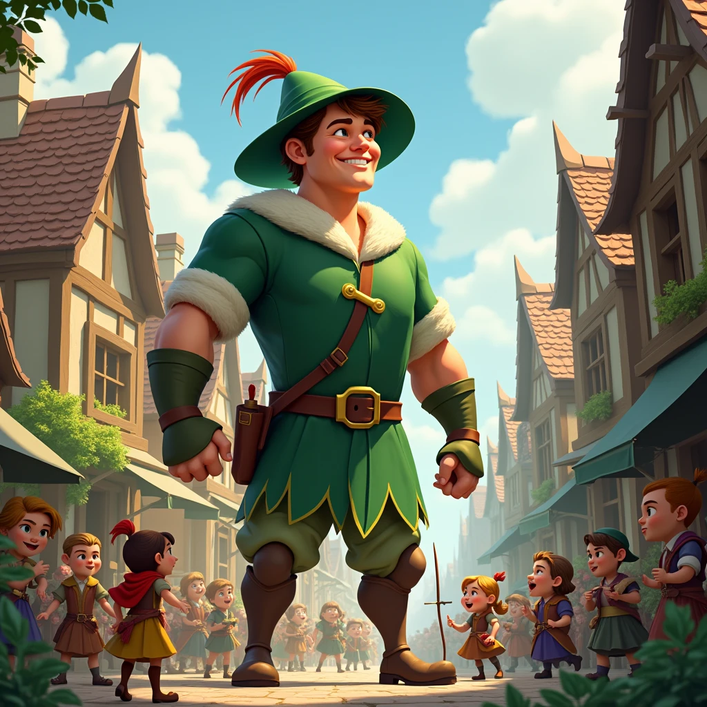 Smiling big Robin Hood looking to me in a big village on top around little people's