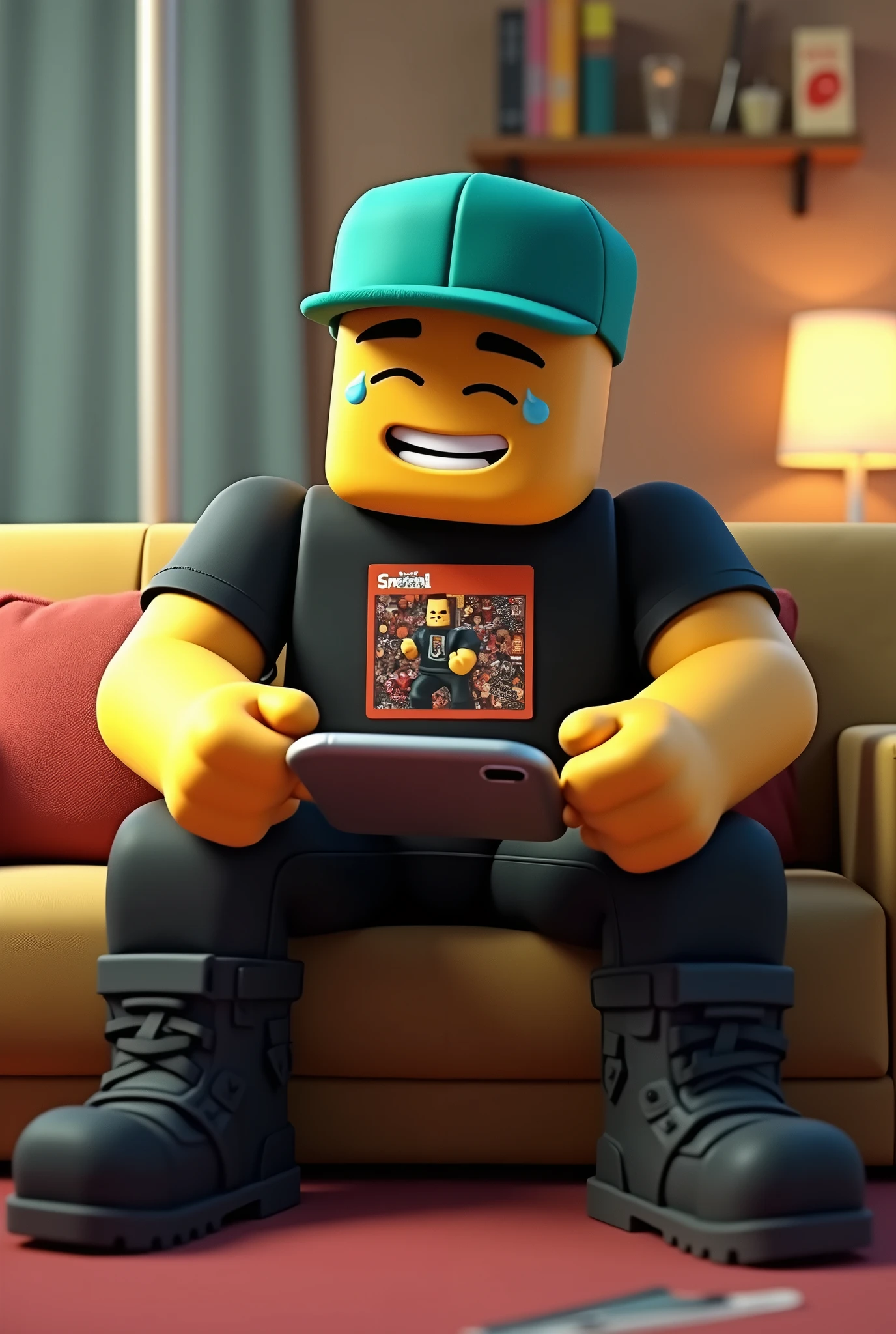 3D cartoon style unique Minecraft character with a super muscular human body, wearing black pants, military boots, a black t-shirt with a band album cover, an aqua green flat cap worn backwards, smiling with tears of joy, sitting on a living room couch, looking at a giant cellphone, with creative details, and a yellow head