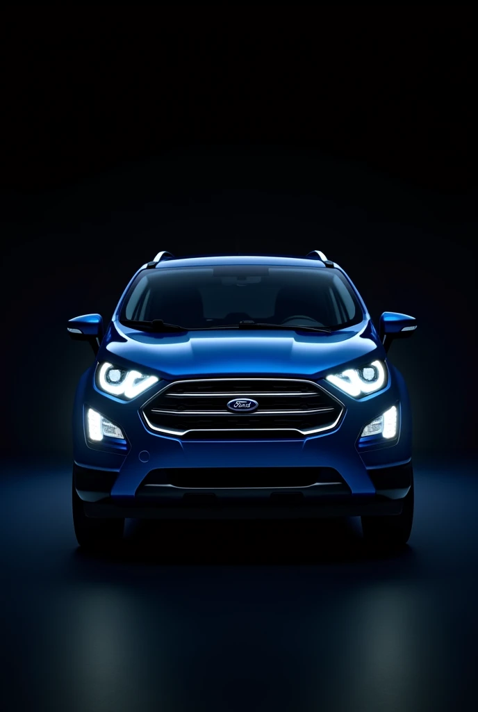 Front photo of a blue 2020 Ford Ecosport with original Drl and a black photo background with high resolution and gradient photo edges