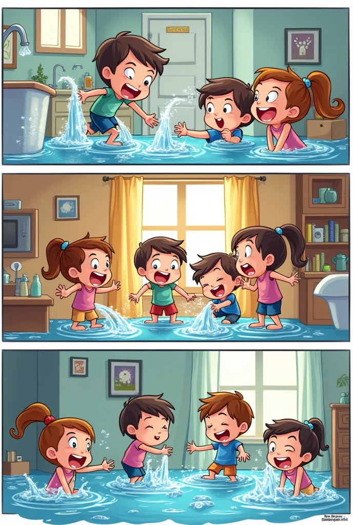 Comic of kids in a house wasting water