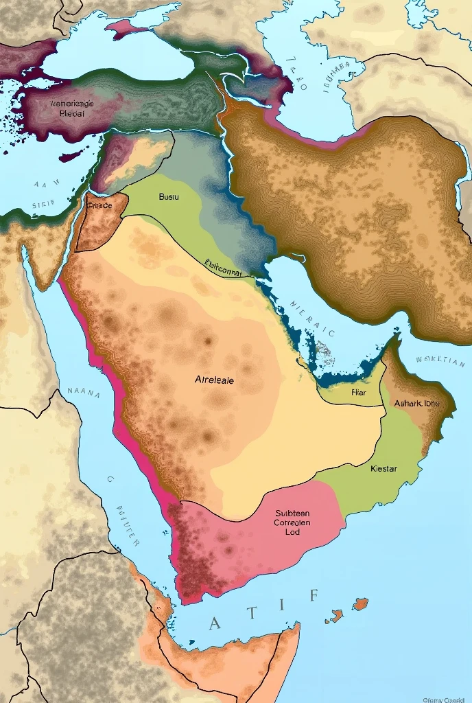 Map of the Middle East with lines and colors specifying important areas such as religion, policy, economy, trade, among other things.
