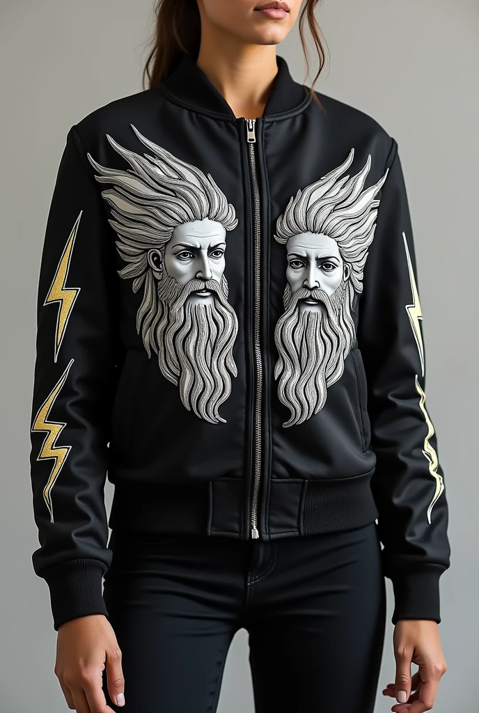 Promotion 11 JACKET with an embroidery of two Greek gods, for men and for women, and this jacket with embroidered lightning bolts on the sleeve of the jacket