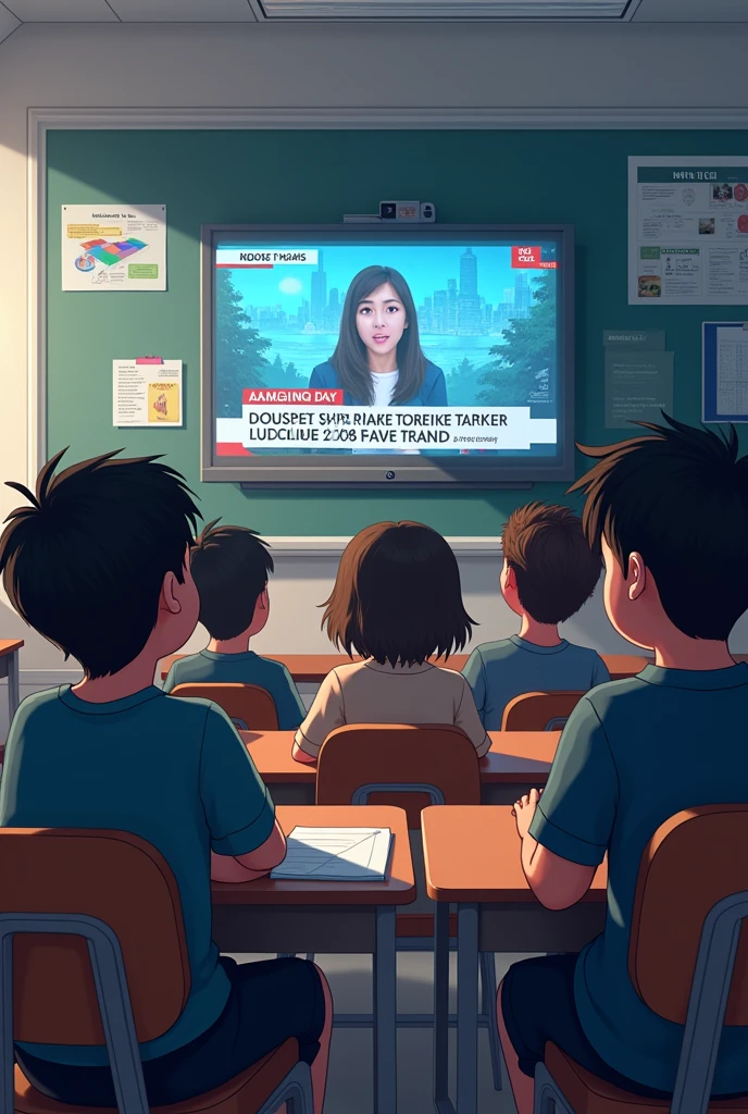 The students are sitting watching TV news  in class