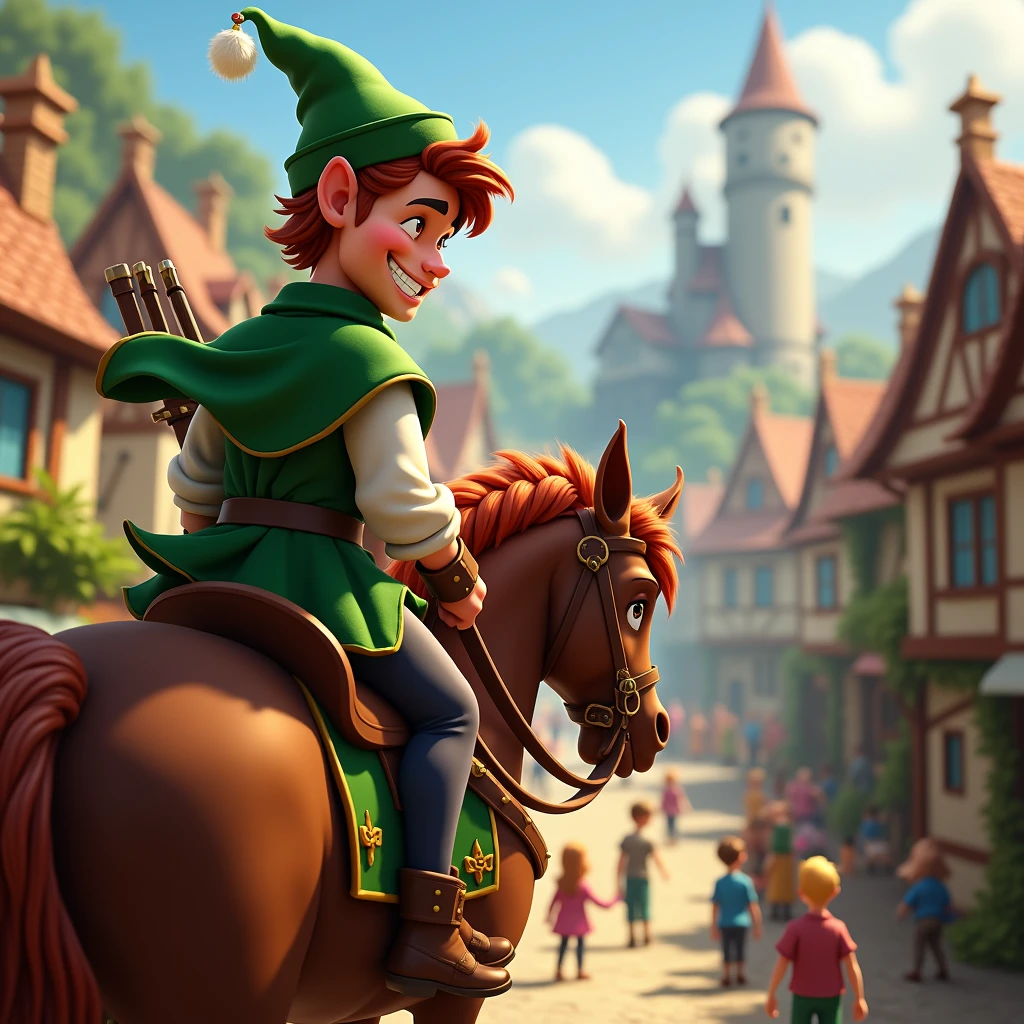 Smiling big Robin Hood looking to me in a big village on top horse around little people's