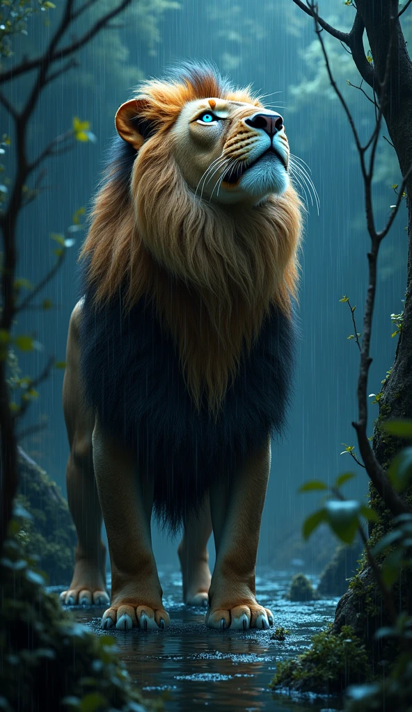 Create an ultra realistic 8k image of a big and beautiful strong lion with blue eyes looking at the sky, raining, in a swamp, the night