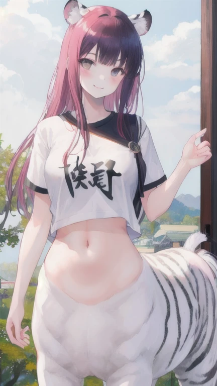 (best quality, masterpiece), 1 girl, centaur, I beg, White skin, Japanese schoolgirl,daughter,black pink,Smiling, exposing the abdomen, belly button t-shirt , Beautiful girl perfect white tiger photo, Perfect wild tiger photo
