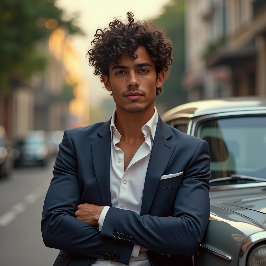 A BROWN MAN, An 18-year-old face,  Brazilian businessman leaning on a not very expensive car, but with style, curly hair coiled NOT TOO LARGE
