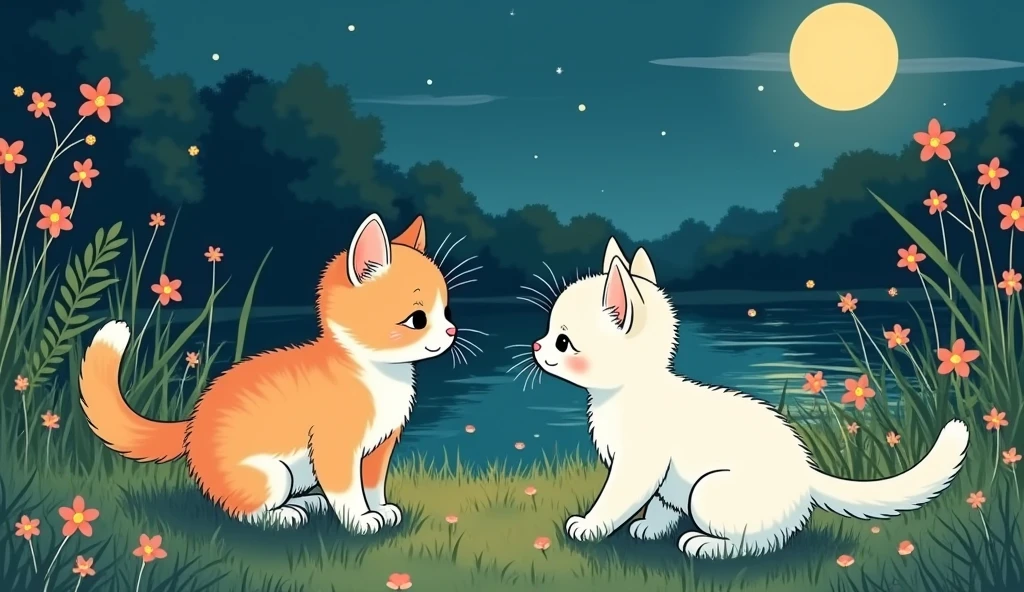 Draw (with the manga line) two kittens meeting by chance, em um campo verdejante, featuring a pond, at night in a medium shot