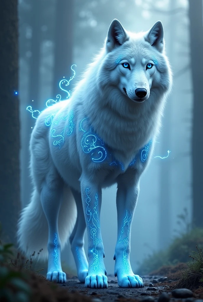 A majestic ghost wolf with shimmering blue markings
