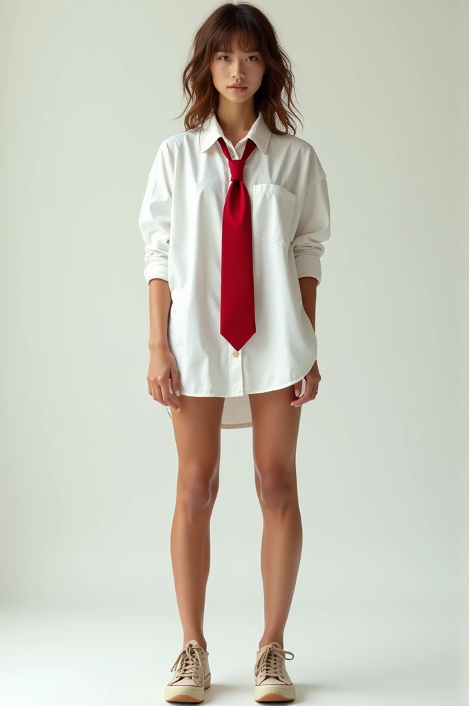 A woman wearing a long white button down shirt with a long red tie, light brown sneakers and messy hair