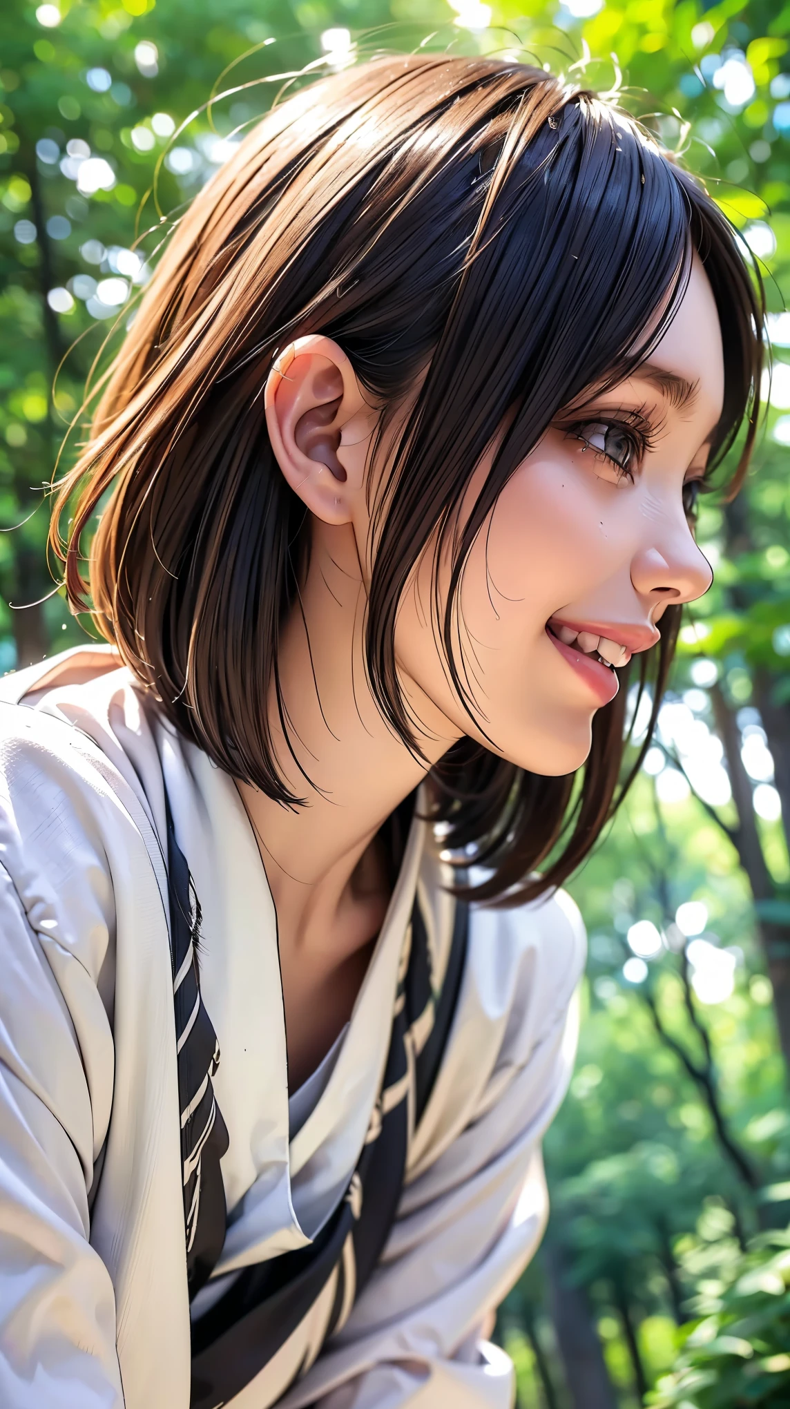 Realistic, masterpiece, Highest quality, Highest Resolution, High Detail, Soft Light, Professional Lighting, Backlight, Film Grain, The background is blurred, (Japanese high school girl, Height: 162cm, Small Tits), (The subject is a photograph of the upper body taken from below, profile:1.3), Walking, Laughing happily, Open your mouth, Beautiful and detailed eye drawing, Droopy eyes, Dark Eyes, Draw eyelashes carefully, Eyelash extensions, Gal Makeup, Orange Cheek, (White brown braids,Short Hair, middle part:1.3), (Hidden eyelid wrinkles:1.3), (Cool clothing:1.3), (Summer forest, Under the sun through the trees:1.3)