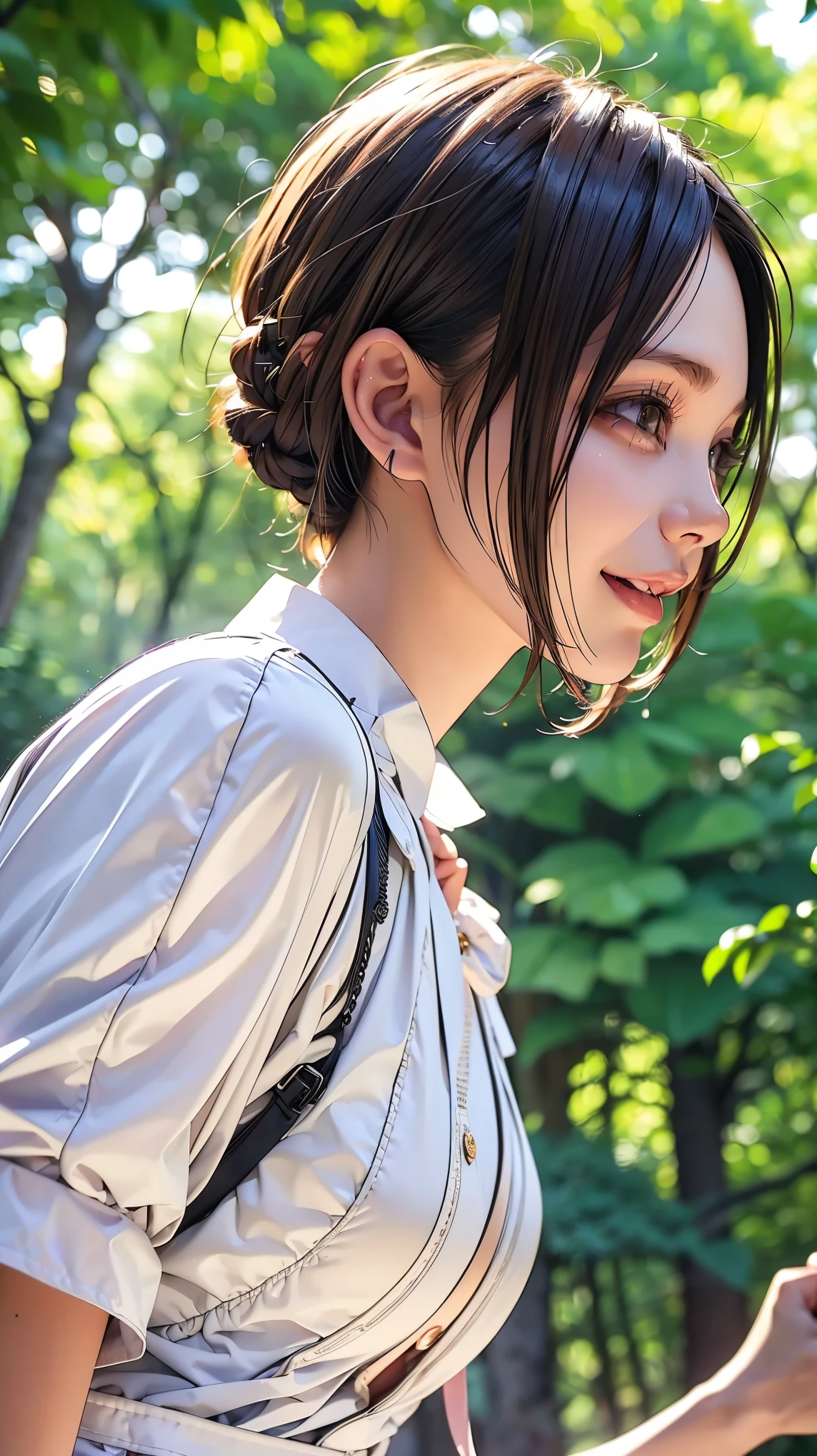 Realistic, masterpiece, Highest quality, Highest Resolution, High Detail, Soft Light, Professional Lighting, Backlight, Film Grain, The background is blurred, (Japanese high school girl, Height: 162cm, Small Tits), (The subject is a photograph of the upper body taken from below, profile:1.3), Walking, Laughing happily, Open your mouth, Beautiful and detailed eye drawing, Droopy eyes, Dark Eyes, Draw eyelashes carefully, Eyelash extensions, Gal Makeup, Orange Cheek, (White brown braids,Short Hair, middle part:1.3), (Hidden eyelid wrinkles:1.3), (Cool clothing:1.3), (Summer forest, Under the sun through the trees:1.3)