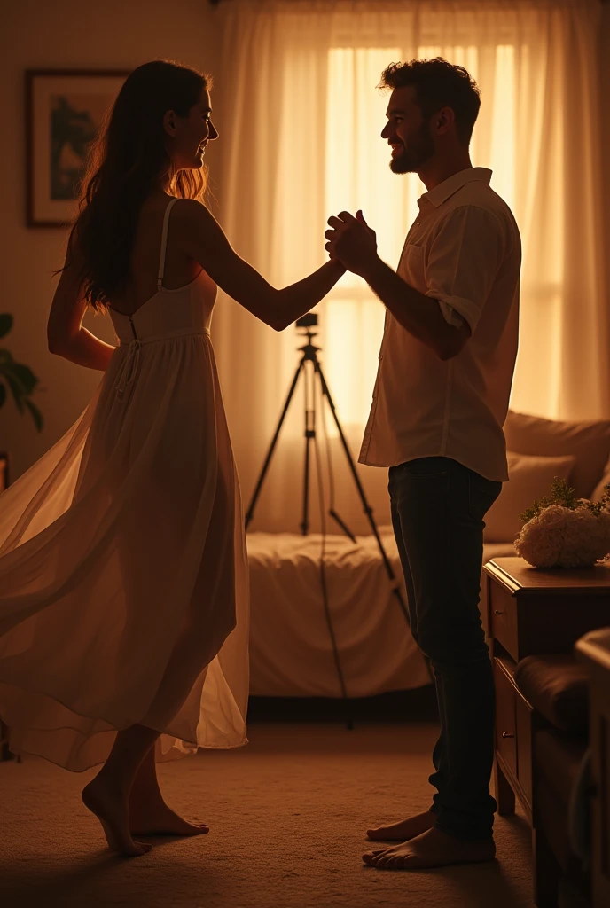 2024 Husband is watching and smiling, his young wife is dancing for husband in their bedroom, behind the wife js tripod camera, wife is dancing