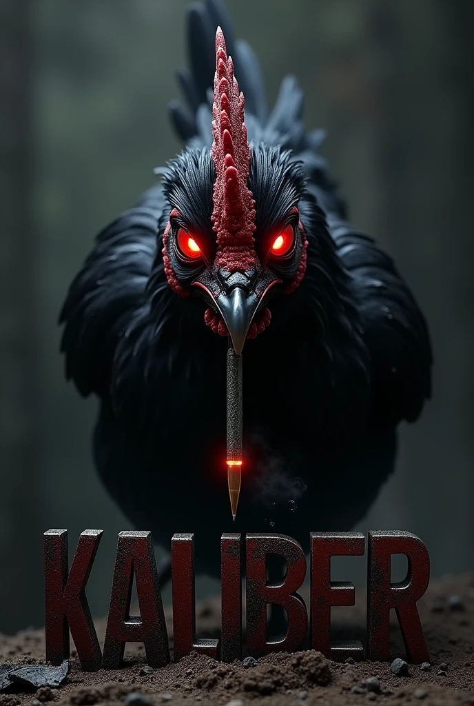 Non realistic all black red eyed chicken with a bullet going through the word kaliber below it 