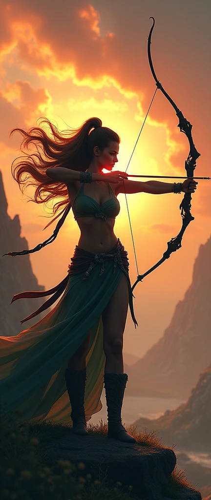 ((1 girl, dynamic archer stance, detailed archery stance:1.5)), intricate arch, dramatic movement, Eye-catching silhouette, flowing hair, intense focus, muscular physique, realistic skin texture, high quality, 8k, cinematic lighting, dramatic shadows, warm color tones, vibrant colors, fantasy landscape background, lush vegetation, Rocky cliff, dramatic sky, dynamic action, Striking composition, masterpiece, photorealistic, hyper detailed