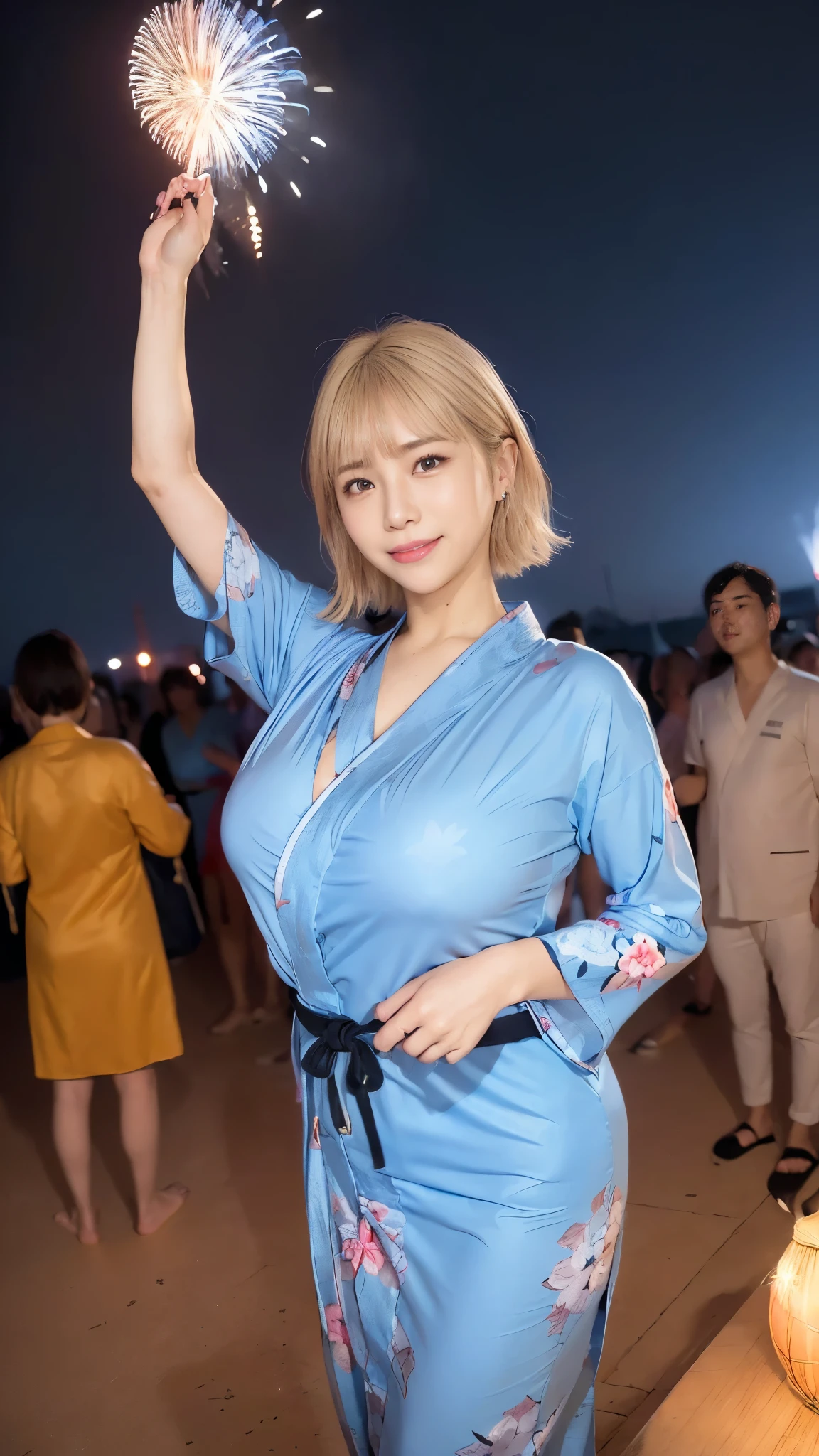 (8k,Ultra-high resolution,Highest quality,masterpiece,Realistic,Ultra-high resolution,High-quality RAW color photos,Professional photos,Realistic,Realistic),Natural skin texture,Fine skin,Hyperrealism,Intricate details,Adult women,Eye highlights,Glossy Lips,(Cute smile,Blonde semi-long hair,Blonde Hair,bangs),((gigantic breast,Big Breasts)),(((Light blue yukata with floral pattern,geta))),((((Night Sky,Summer festival,firework,crowd))))Warm lighting,See-through nipples