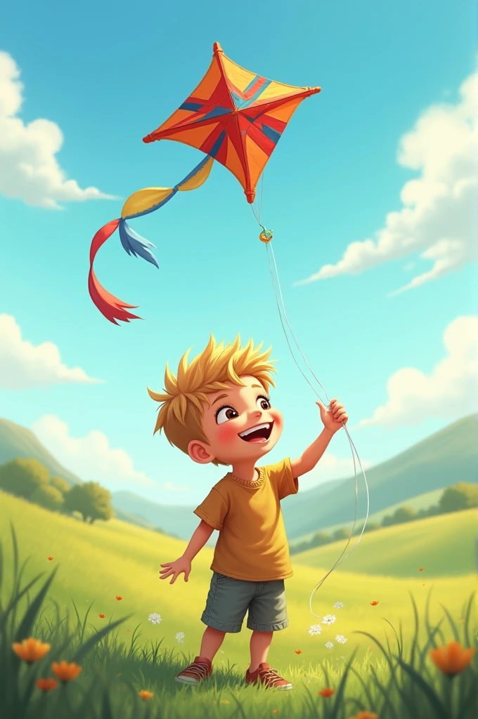A blond boy holding a kite