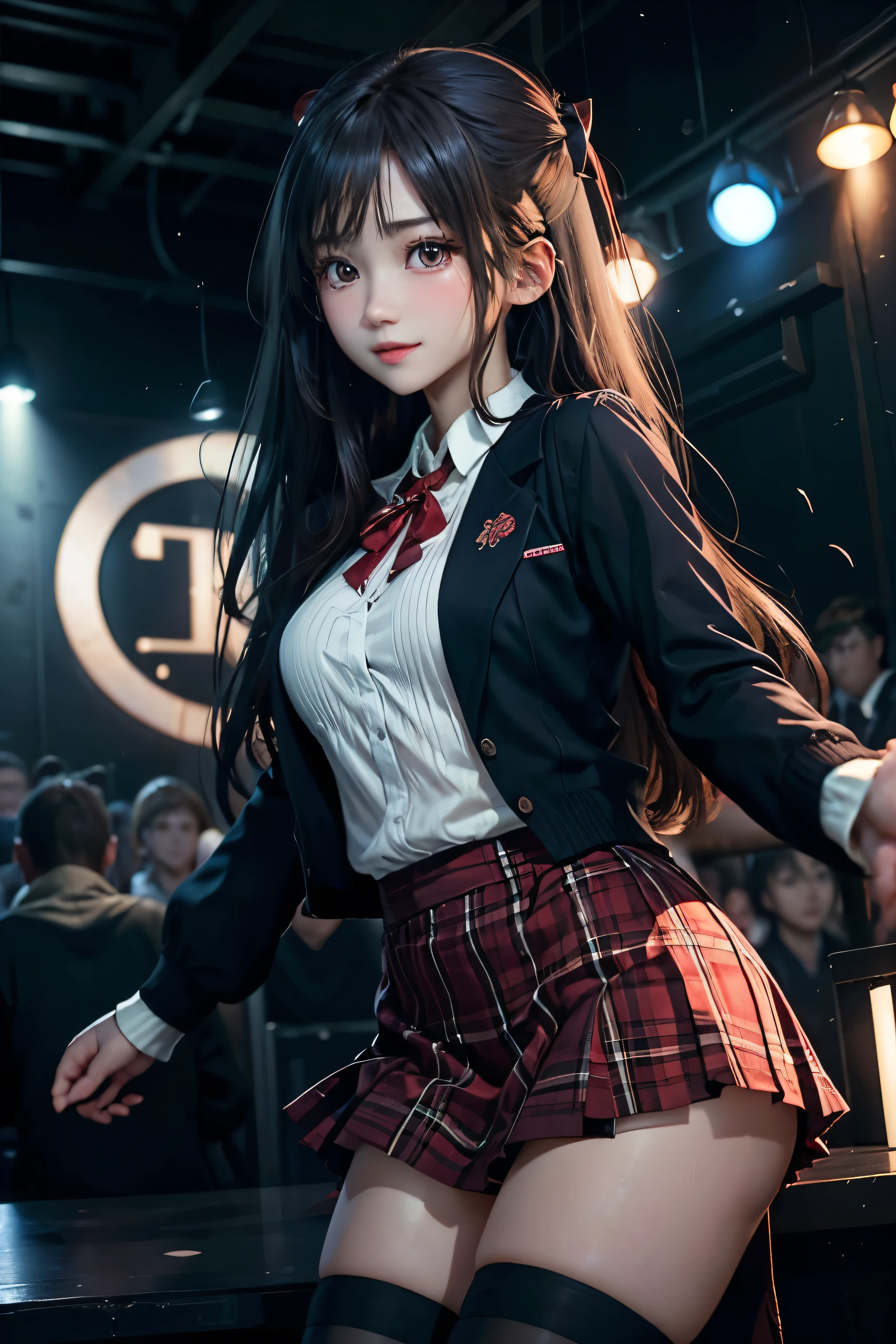 High school girl blazer、uniform、Red checked knee-length skirt、Long skirt、JK Style、Jacket、smile、Knee-high socks、Thigh-high socks、pantyhose、Extremely beautiful、Super cute、ennui、Rare Beauty、Dark black eyeshadow、sad、Skin radiance、Long Hair Straight Hair、Dark Gothic Makeup、Dark Smile、Fragrant beauty、Stained glass background、masterpiece、Highest quality、See 5 books、Sweat glistening on my chest、Sweat glistening on the face、Small breasts、2、Slightly slim、Mysterious look、Sad look、Mysterious Gothic Church、enchanting castle、Excessive sweating all over the body、Sweat dripping down thighs, shining in the light、Shiny thighs、Thighs、Sweat on thighs, shining brightly、sweat profusely、gal、Small breasts、Japanese face、Captivating look、Thin Thighs、play the guitar、I have a guitar、Enthusiastic singing、play the guitar in a band、Playing guitar chords、Background of the live music venue、Sing a song、Open your mouth、Scenery of a live music venue、Mike stand、Glamorous live stage、Dynamic Angles、Vivid straight long hair、delicate straight hair、