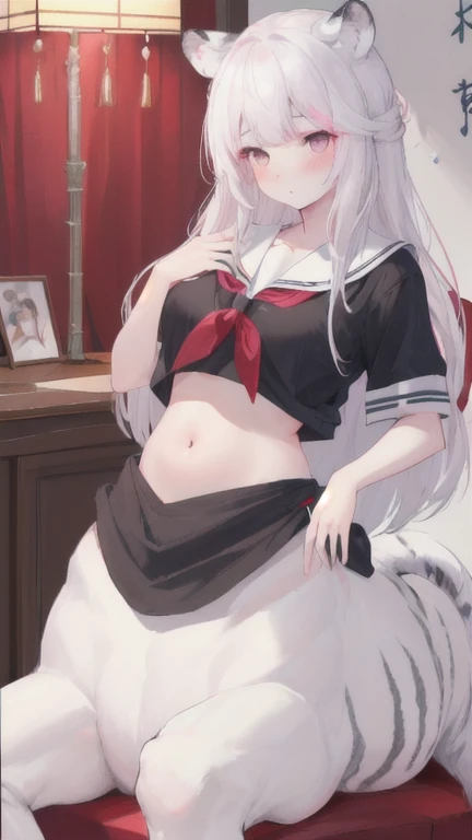(best quality, masterpiece), 1 girl, centaur, I beg, White skin, Japanese schoolgirl,daughter,black pink, sexual intercourse, exposing the abdomen, belly button t-shirt , Beautiful girl perfect white tiger photo, Perfect wild tiger photo