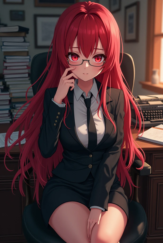 Anime character woman with long red hair and red eyes dressed as a detective sitting at a desk 