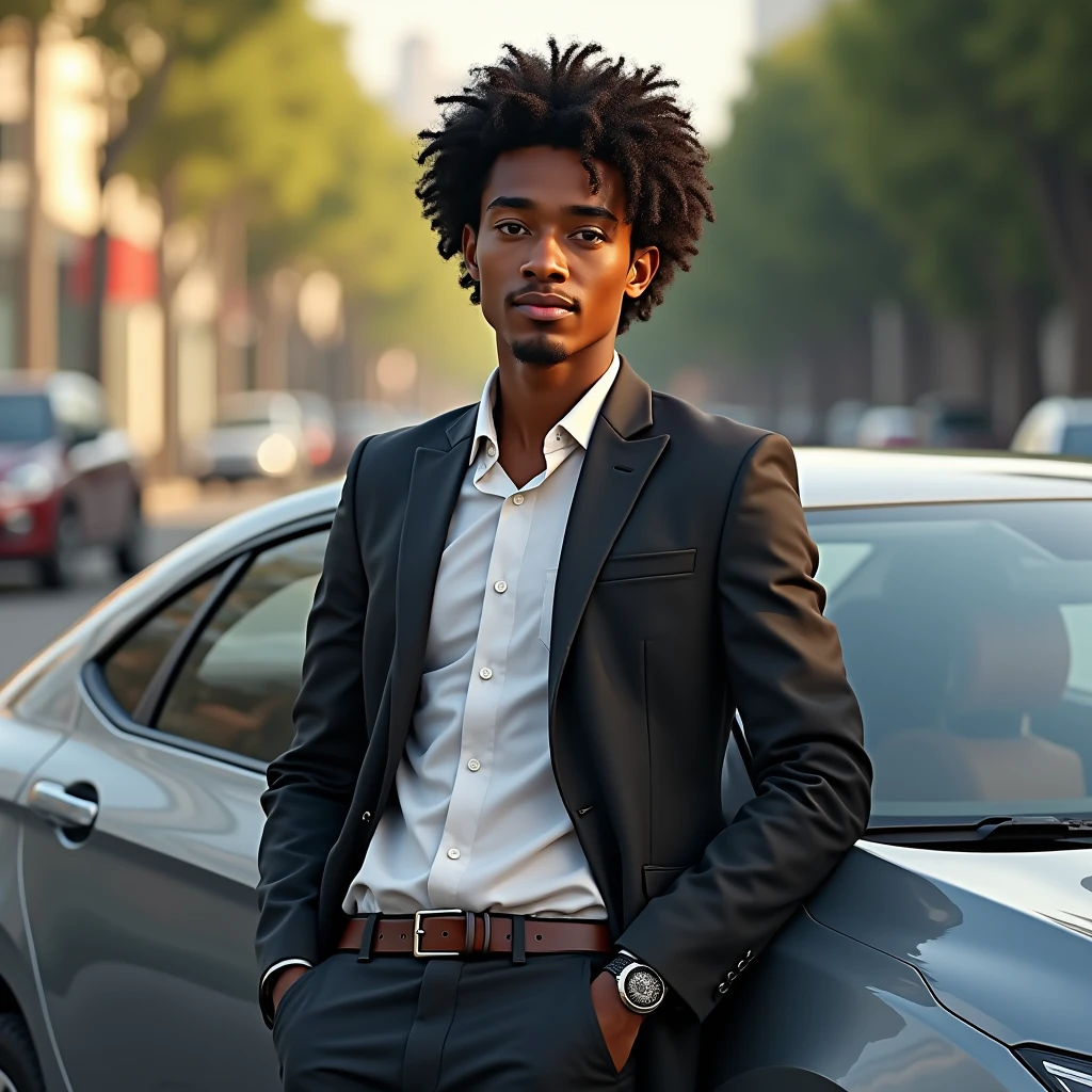 A BROWN MAN, An 18-year-old face,  Brazilian businessman leaning on a not very expensive current car, but with style, curly hair coiled NOT TOO big
