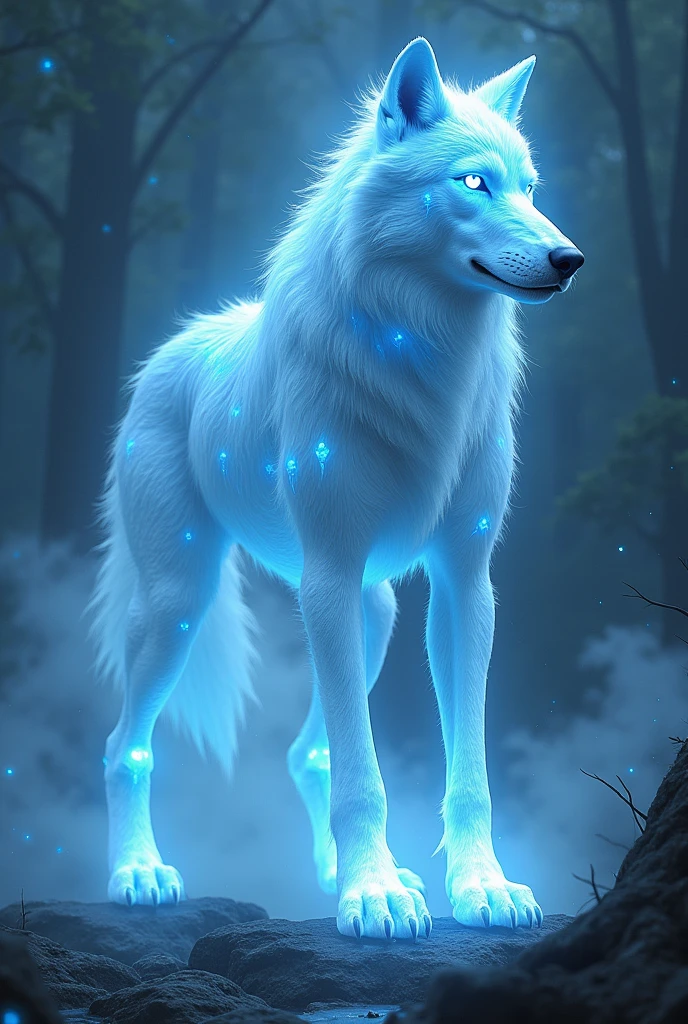 A majestic translucent ghost wolf with shimmering blue markings