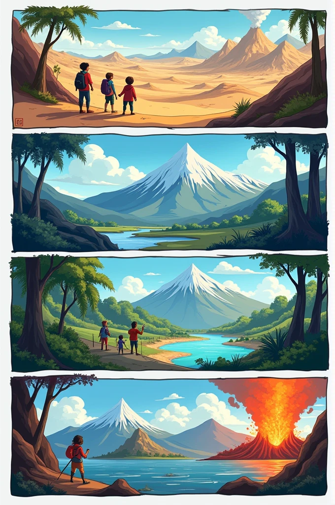 You can generate a comic that has this

#### **Viñeta 1:**
**scene:** A geography class.  
**Text:** The teacher explains to the students about the different types of landscapes on Earth.  
**Geographical Principle:** Introduction to geography, explaining that it studies the terrestrial space and its characteristics.

#### **Viñeta 2:**
**scene:** Students are surprised and excited to learn more.  
**Text:** "We will travel through different landscapes!"  
**Geographical Principle:** Motivation to explore the world.

#### **Viñeta 3:**
**scene:** Students begin their journey in a desert.  
**Text:** "We are in the Sahara desert!"  
**Geographical Principle:** Characteristics of deserts (with care, DUNES, extreme temperatures).

#### **Viñeta 4:**
**scene:** A student touches the hot sand.  
**Text:** "It&#39;s amazing how life adapts here!"  
**Geographical Principle:** Biological and human adaptations to the desert environment.

#### **Viñeta 5:**
**scene:** Travel to the Amazon jungle.  
**Text:** "Now we are in the Amazon!"  
**Geographical Principle:** Biological diversity and dense vegetation of tropical forests.

#### **Viñeta 6:**
**scene:** A jaguar appears between the trees.  
**Text:** "We must be careful, the jungle is dangerous."  
**Geographical Principle:** Interactions between species and the environment in the jungle.

#### **Viñeta 7:**
**scene:** Students arrive in a mountainous region.  
**Text:** "This is the Himalayas, the highest mountains in the world!"  
**Geographical Principle:** Mountain formation and climate effects at extreme altitudes.

#### **Viñeta 8:**
**scene:** They climb a mountain and observe a glacier.  
**Text:** "Glaciers are like rivers of moving ice."  
**Geographical Principle:** Glaciers and their impact on the Earth&#39;s geography.

#### **Viñeta 9:**
**scene:** They travel to a volcanic island.  
**Text:** "This volcano is active!"  
**Geographical Principle:** volcano