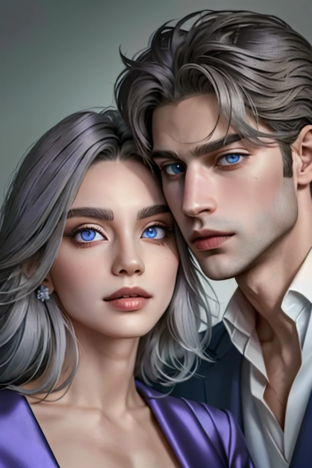 ((hyper realistic)), (masterpiece), (5K), (best quality), detailed,(perfect face), 2d Couple, ((a young gray hair couple)), ((a gray long hair woman , vivid eyes, small boobs, purple dress)), brown eyes, ultra well detailed eyes, ((a short gray hair guy, wearing a prince cloth, royal clothes)),((a man with a short hair)), beautiful couple pose, (summer night walk),((perfect eyes))