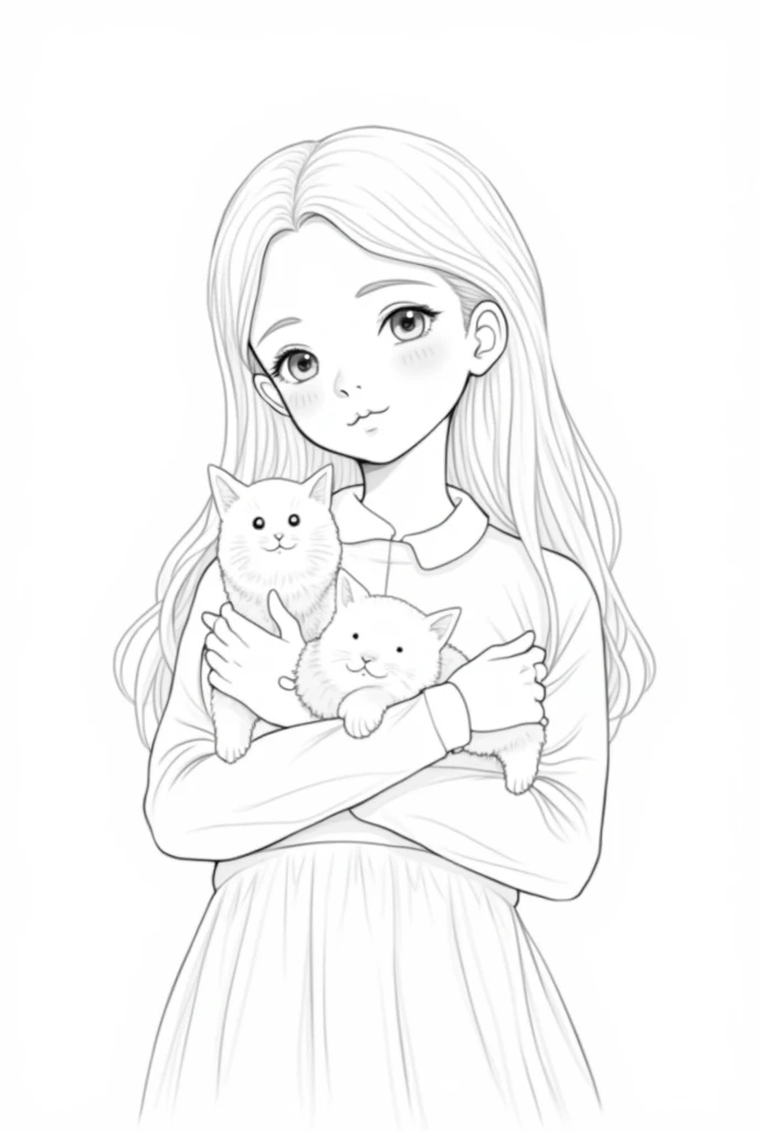 Create a simple drawing (not cartoon style) of a girl holding two kittens the drawing must be in black and white and only lines