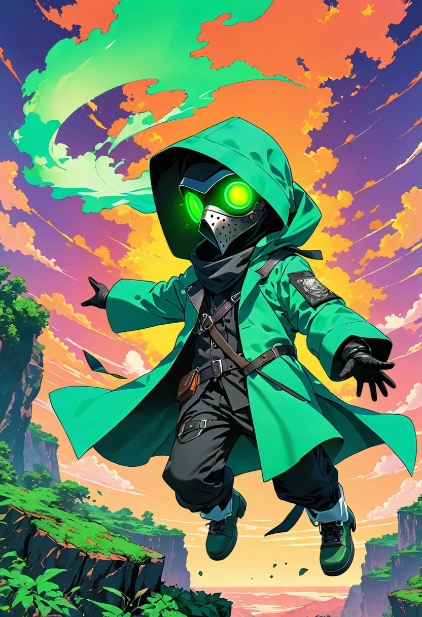 (work of art, best qualityer:1.1), (ultra high resolution, ultra detali:1.2),pop art style,FlatColor, (he floating in air,High sky,(and using green aura from both hands)),Shockwave VFX,(on a windy cliff), BREAK chibi-boy,((wearing a plague doctor costume,plague doctor mask)),eyes glow green,green camouflage pattern hood and lab coat, mecha arm,dynamic action,dynamic pose,floating,flying in the air,