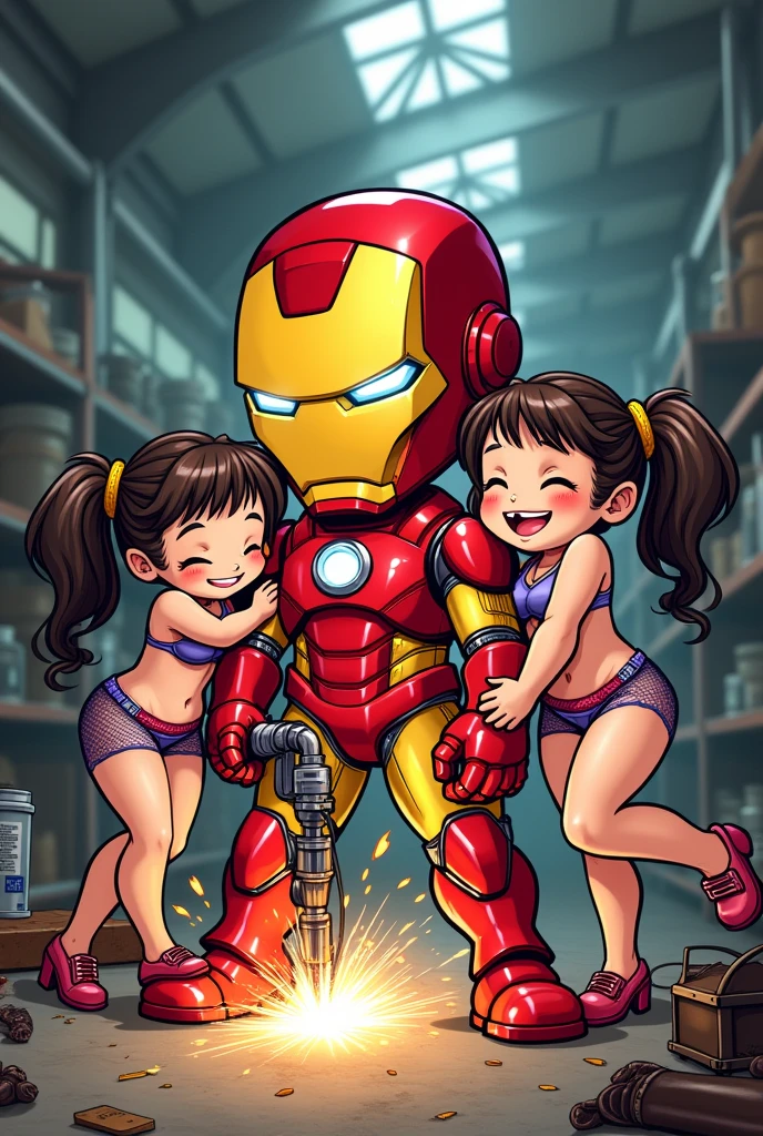 make an image with iron man cartoon style, being a mig welder, being hugged by hentai cartoon girls
